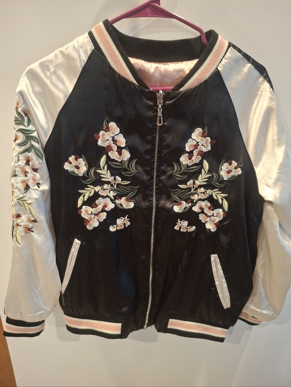 Embroidered Black and Cream Satin Bomber Jacket - Women REVERSIBLE